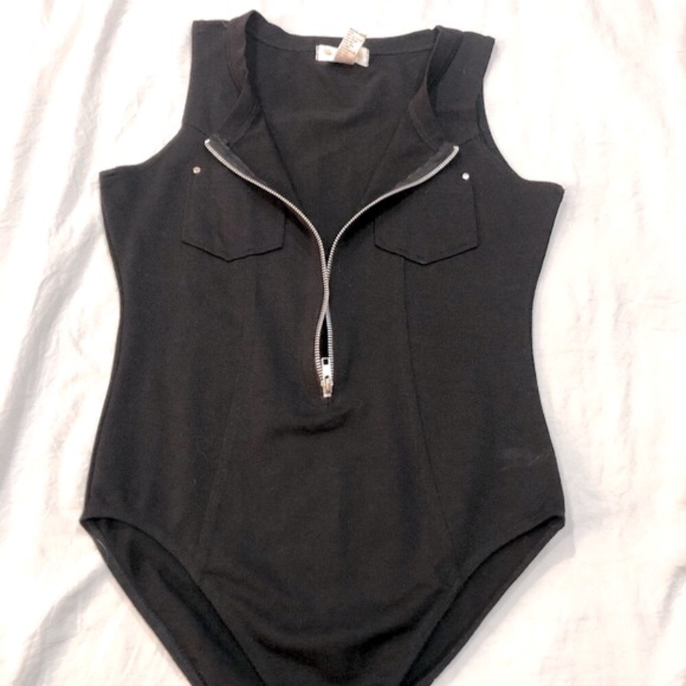 THREE BEE label black sleevless front half zip bodysuit sizeL excellent cond - Picture 8 of 14